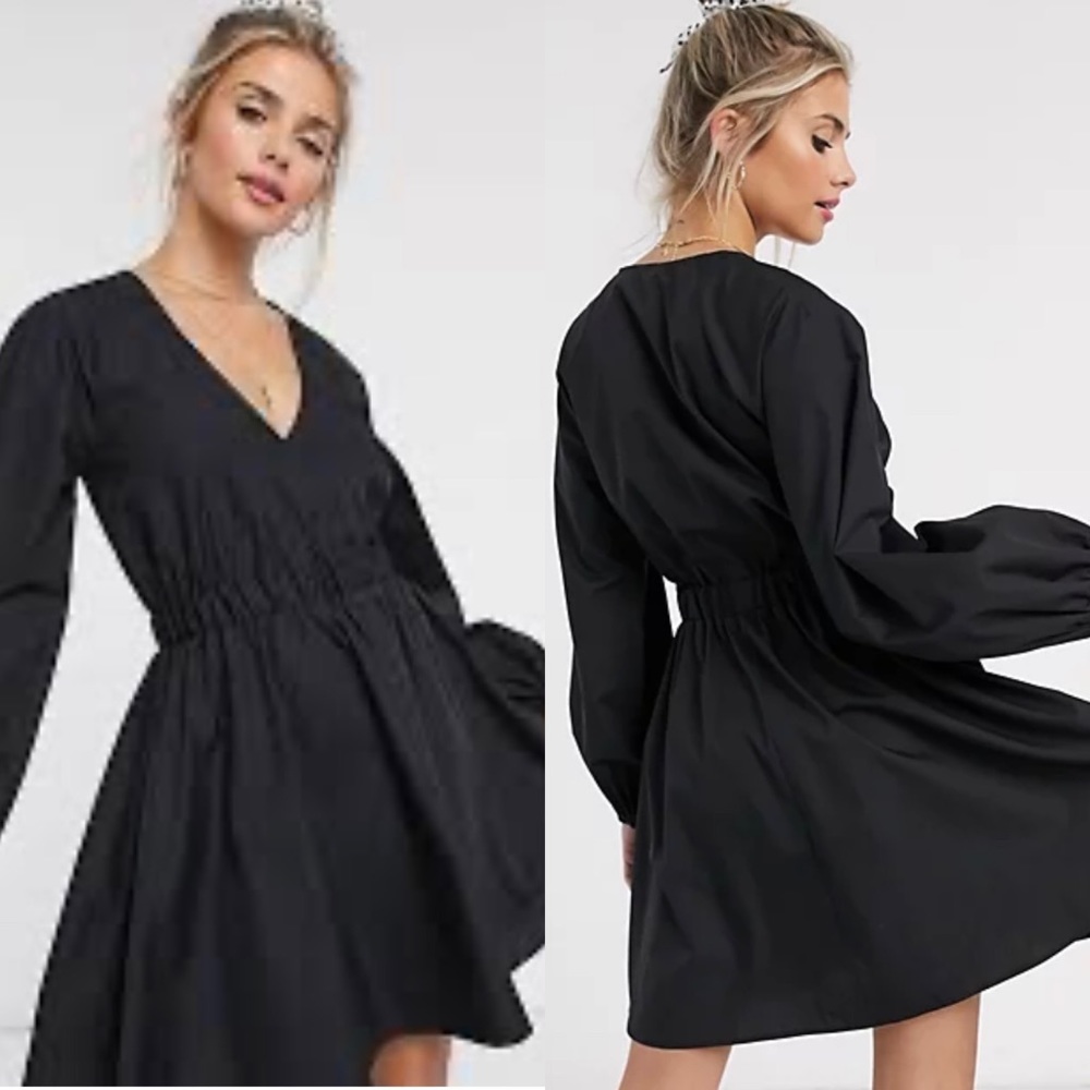 ASOS Black Dress Plunging Neckline Volume Sleeves Wrap Top Casual Cute 6